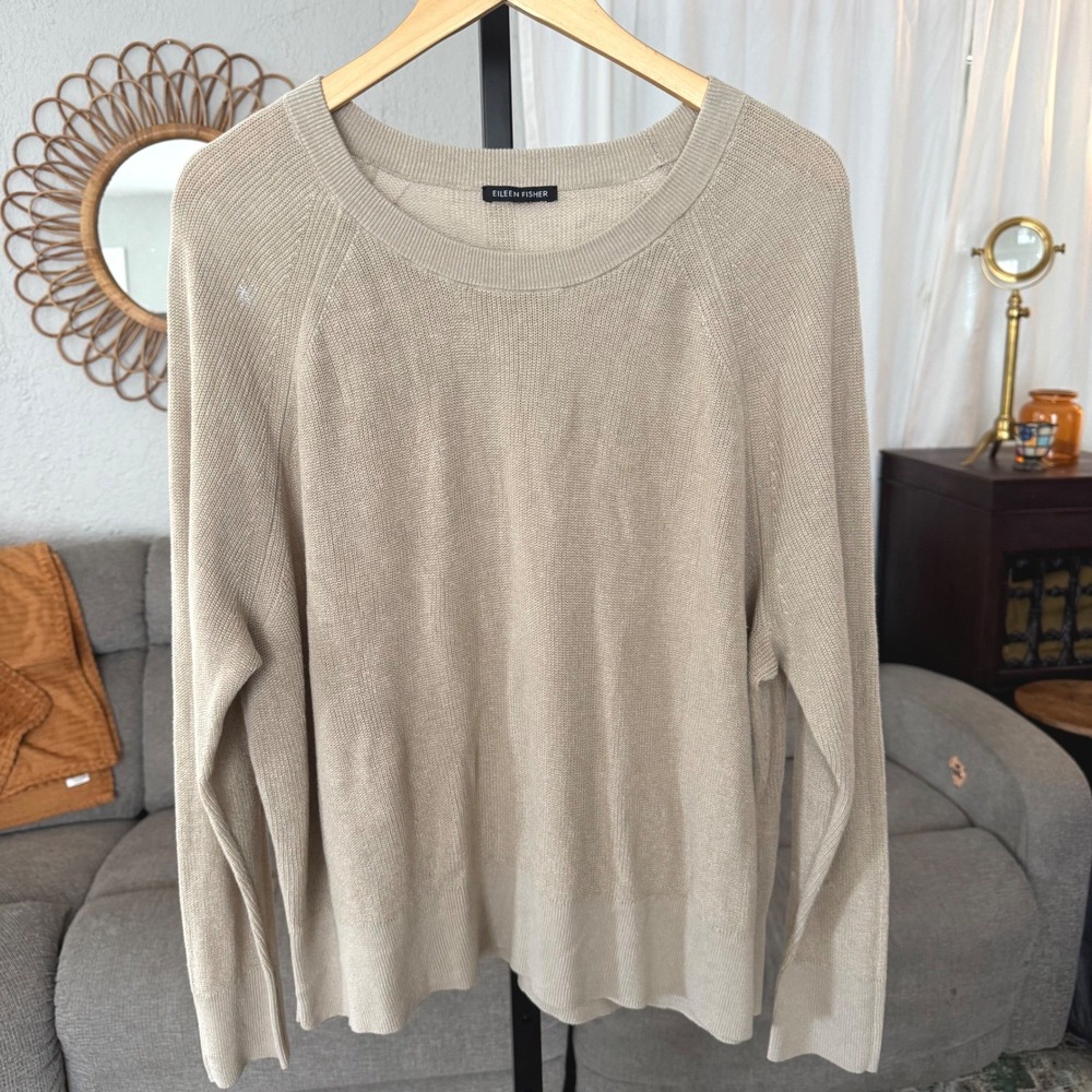 Eileen Fisher Sweater XL Beige Organic Cotton Linen Raglan Crewneck Quiet Luxury